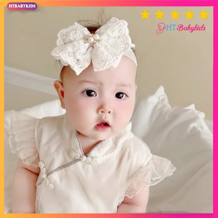 Băng Đô Cho Bé Gái - Băng Đô Turban Trắng Nơ Ren Xinh
