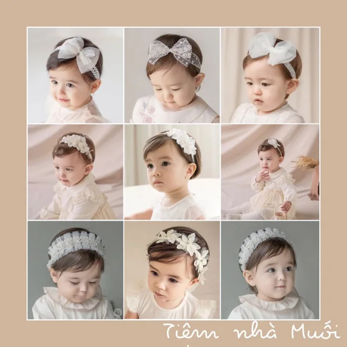 Băng đô cài tóc / Turban nơ ren trắng công chúa phong cách Hàn cho bé gái  6m-2y