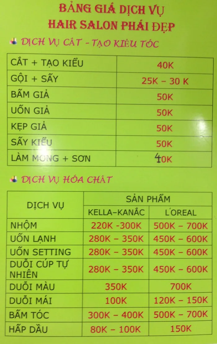 Hair salon PHÁI ĐẸP: Bảng giá dịch vụ