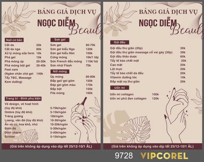 Menu bảng giá dịch vụ Nail Ngọc Diễm vector | VIPcorel.com - Thư viện mẫu thiết  kế đồ họa CorelDRAW (CDR).