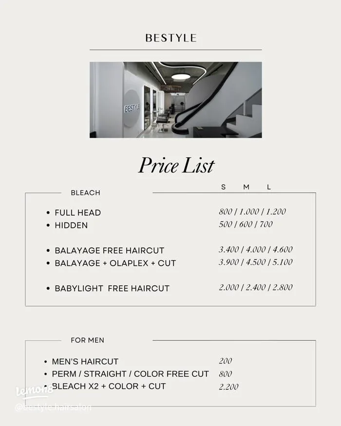 Bảng giá BESTYLE Hair Salon ở Thạch Thị Thanh: cắt, nhuộm, uốn, duỗi chi  tiết