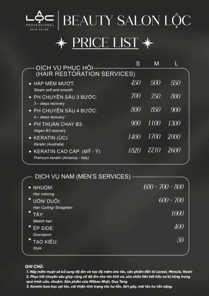 BẢNG GIÁ phục hồi + nam – Beauty Salon Loc