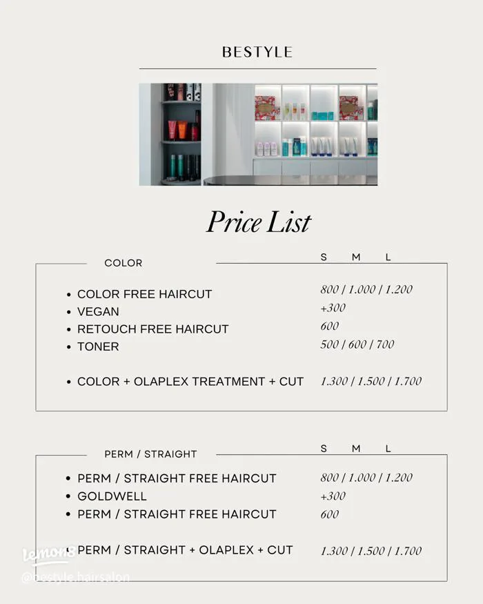 Bảng giá BESTYLE Hair Salon ở Thạch Thị Thanh: cắt, nhuộm, uốn, duỗi chi tiết