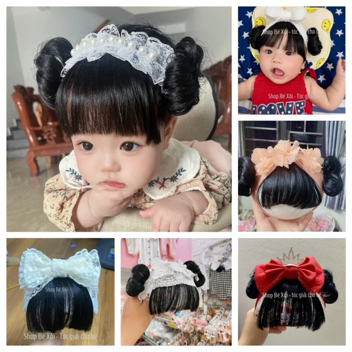 [50 mẫu] Băng Đô Turban Tóc Giả cho bé gái, băng đô tóc giả búi mái đen cho  bé gái, Shop Bé Xôi DN