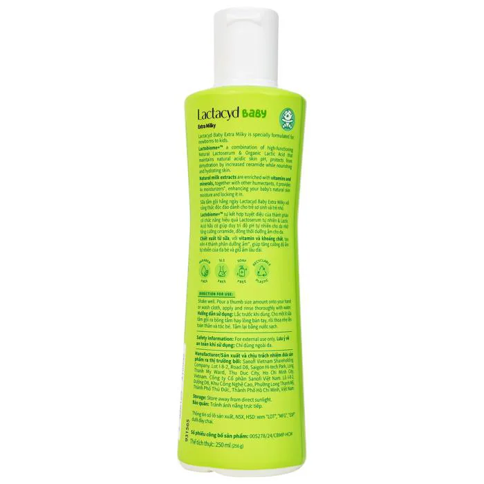 Sữa tắm gội Lactacyd Baby Extra Milky ngừa rôm sẩy, các bệnh về da cho bé  (250ml)