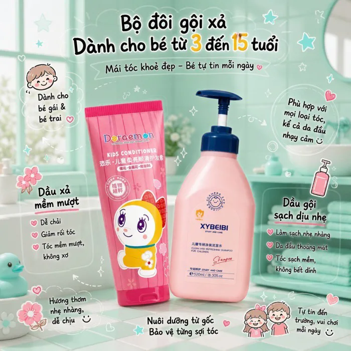 combo dầu Gội + xả sạch mượt ,kích thích mọc tóc dành cho Bé trai và bé gái  từ 3 đến 15 tuổiXybeibi