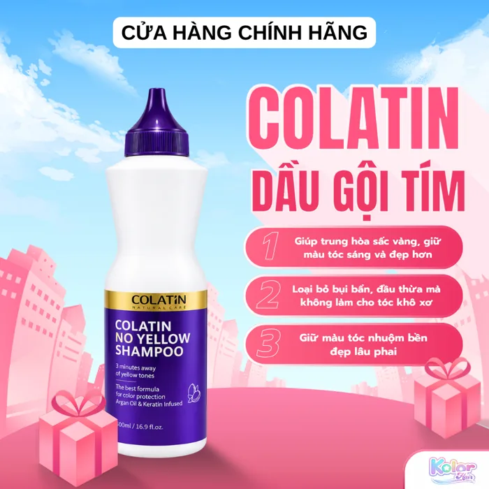 Dầu gội Tím, dầu gội Blue khử ánh vàng giữ màu dành cho tóc tẩy nhuộm màu  thời trang COLATIN No Yellow 500ml