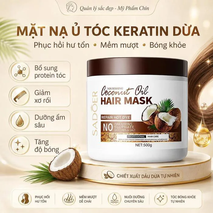 Mặt Nạ Ủ Tóc Keratin Dầu Dừa SADOER 500g – Phục Hồi Tóc Hư Tổn, Giảm Khô  Xơ, Dưỡng Tóc Mềm Mượt Bóng Khỏe Cho Nam Nữ