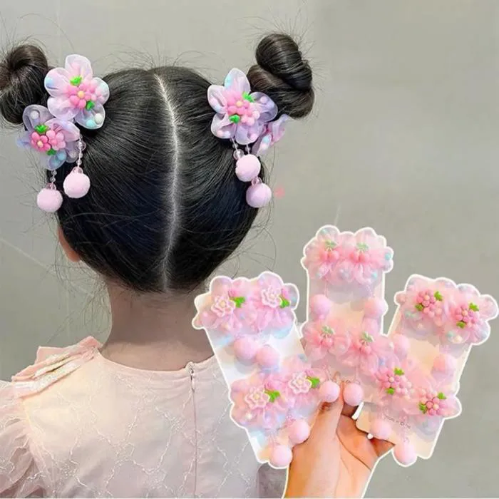 Set 2 dây cột tóc gắn hoa màu hồng cho bé gái