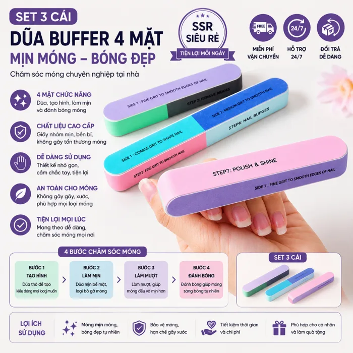 Dũa Móng Tay 6 Mặt (SET 3 Thanh) Chuyên Dụng làm sạch móng tay làm nail  đánh bóng