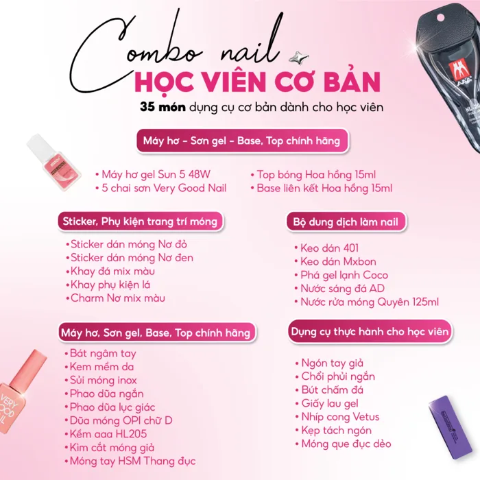 Combo nail học viên cơ bản - Bộ dụng cụ làm nail cơ bản dành cho học viên  (35 món) NAILBND