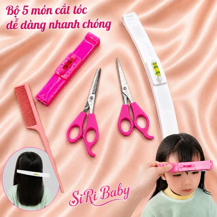 Bộ 5 Món Kéo Cắt Tóc Mái Cho Bé Gồm Kẹp Kéo Phẳng Tóc Mái, Sau + Kéo Phẳng  + Kéo Răng Tỉa + Lược 2 Đầu