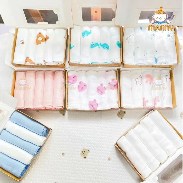 Bán sỉ Combo 3 Hộp 5 Khăn Sữa Sợi Tre Lụa 2 Lớp Manny Hộp Nâu Size 30*30cm  Cao Cấp Cho Bé
