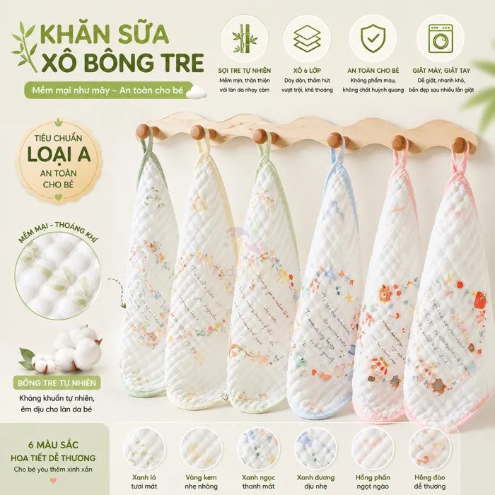 Set 5 khăn sữa cho bé sợi bông tre 6 lớp, khăn xô cao cấp siêu