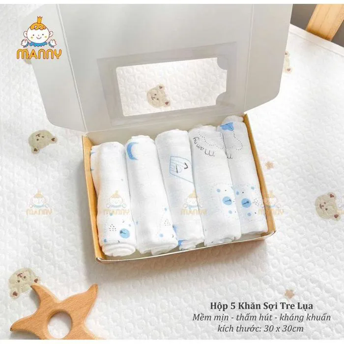 Bán sỉ Combo 3 Hộp 5 Khăn Sữa Sợi Tre Lụa 2 Lớp Manny Hộp Nâu Size 30*30cm  Cao Cấp Cho Bé