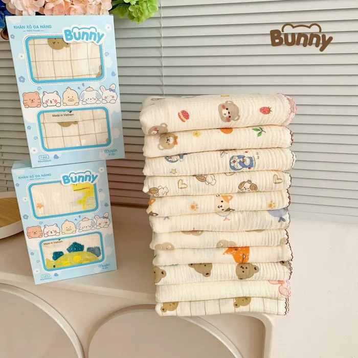 Khăn đa năng cho bé Bunny sợi tre xô Muslin Organic 4 lớp làm khăn tắm,