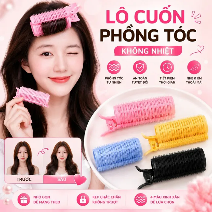 Kẹp Phồng Tóc Không Nhiệt - Kẹp Tạo Phồng Mái, Lô Cuốn Tóc Mái Tự Dính,  Dụng Cụ Tạo Kiểu Tóc Nữ