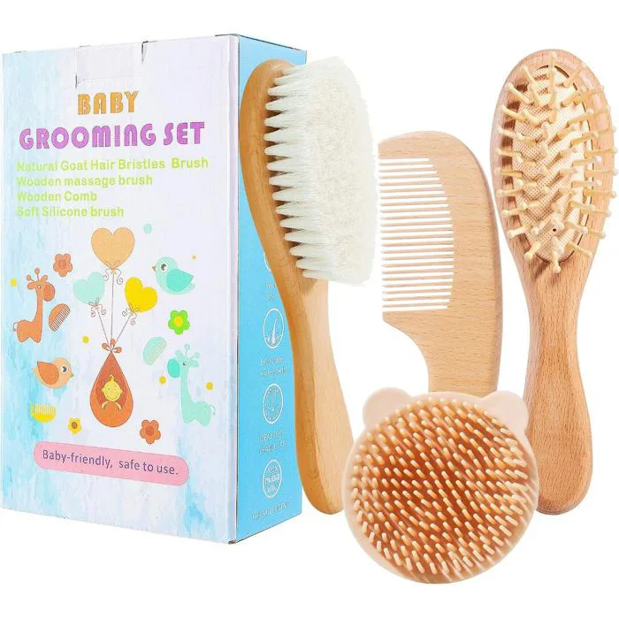 Bộ lược chải tóc sơ sinh, bàn chải & lược gỗ cho bé - Lông dê siêu mềm,  chăm sóc tóc bé, quà tặng tắm & đăng ký cho bé