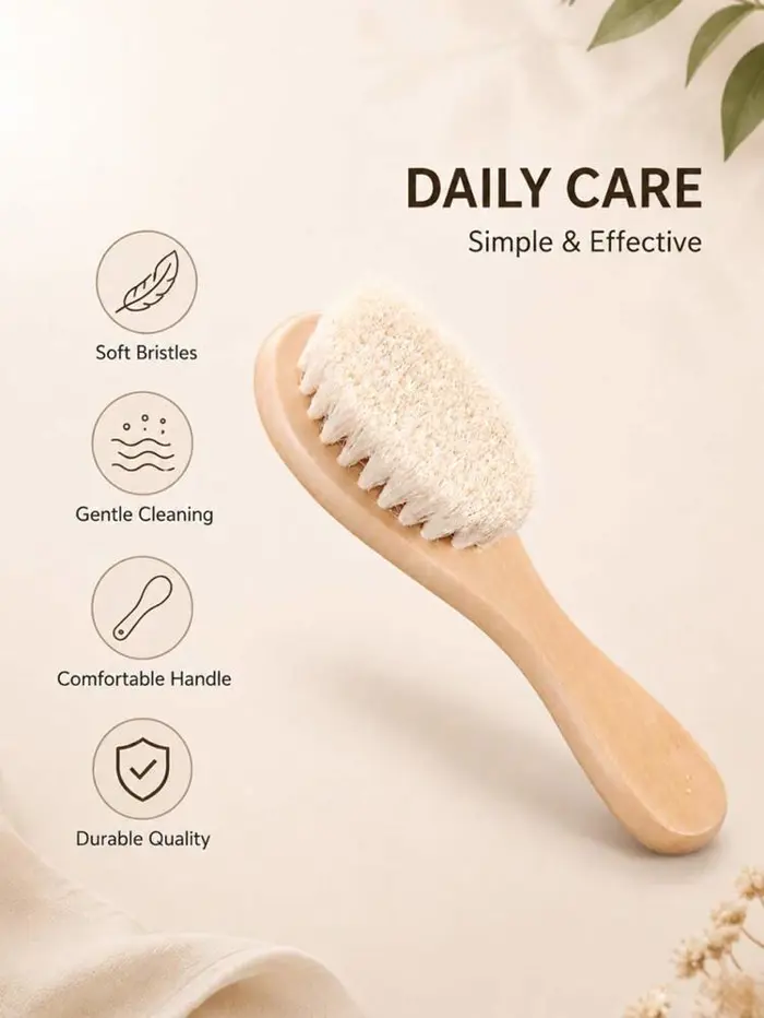 Bộ lược chải tóc mềm mại bằng len nguyên chất cho bé sơ sinh, cán gỗ tự  nhiên, chất liệu len mềm mại không gây hại da đầu, chuyên dụng cho việc