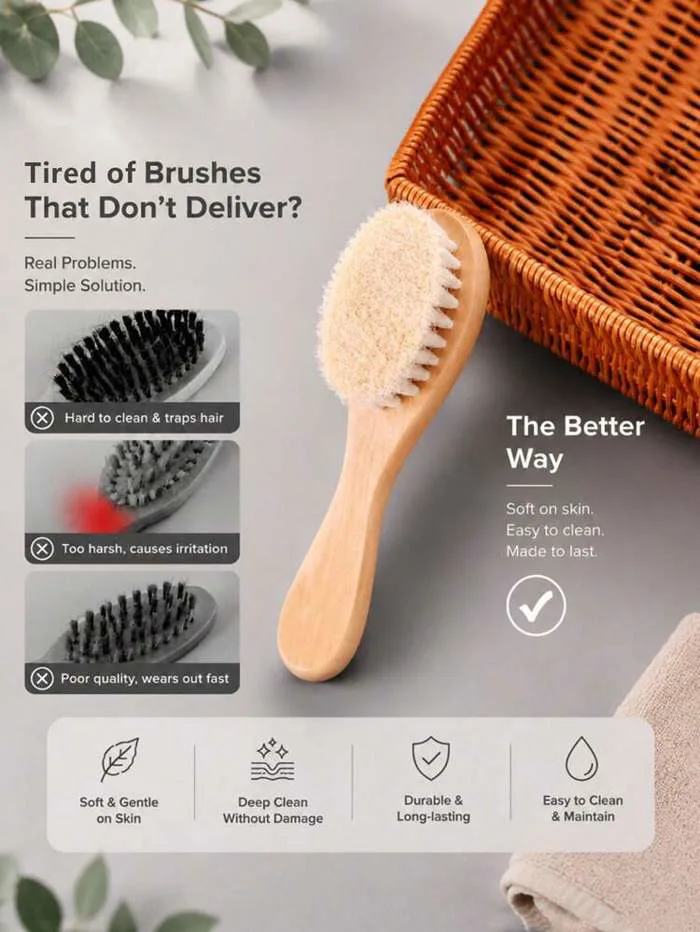 Bộ lược chải tóc mềm mại bằng len nguyên chất cho bé sơ sinh, cán gỗ tự  nhiên, chất liệu len mềm mại không gây hại da đầu, chuyên dụng cho việc