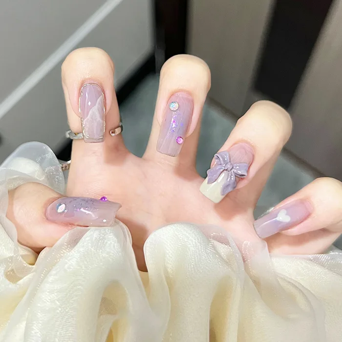 Bộ 24 móng tay giả dài đính đá đính nơ LK15239, Mẫu nail đính nơ màu tím  sang chảnh, Nail box cô dâu