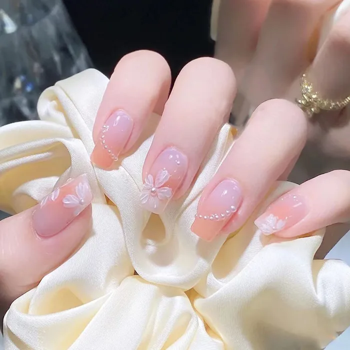 Bộ 24 móng tay giả đính ngọc trai Z109, Nail box đính đá, Mẫu nail ngắn  vuông đính đá đơn giản, Shyn House Nail
