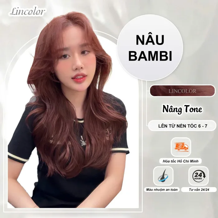 Thuốc nhuộm tóc, thuốc nhuộm tóc màu NÂU BAMBI, LIN_COLOR, tặng kèm oxy trợ  nhuộm và bao tay,trùm đầu, bịt tai