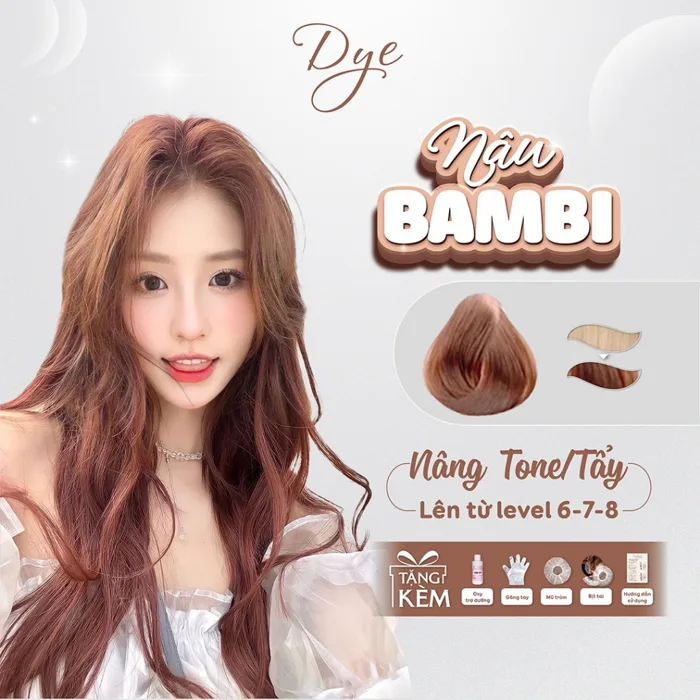 Thuốc nhuôm tóc, thuốc nhuôm tóc NÂU BAMBI, DYE HAIR, tặng kèm oxy trợ  dưỡng và bao tay