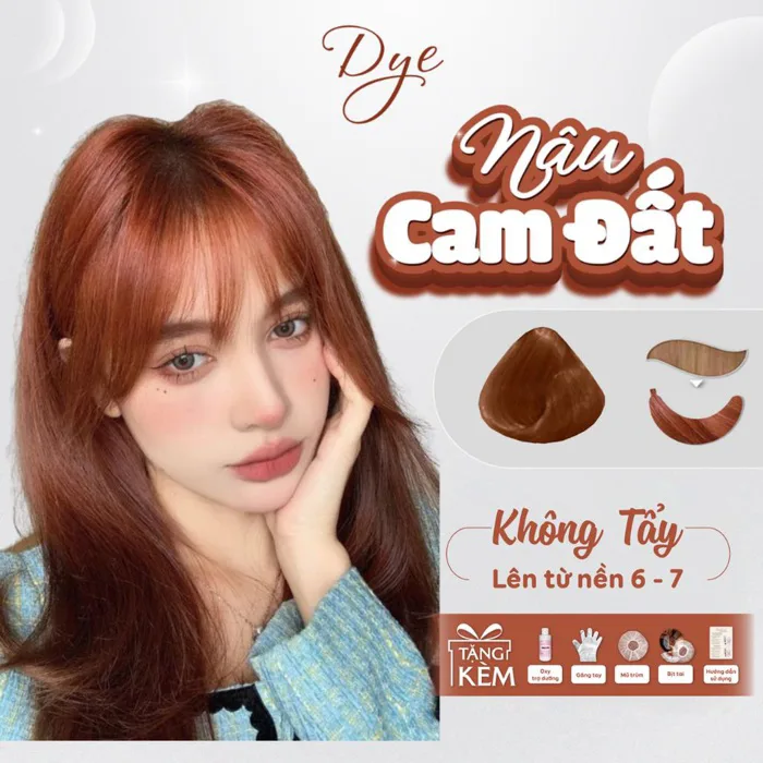 Thuốc nhuộm tóc, thuốc nhuộm tóc màu Nâu Cam Đất, DYE.HAIR, tặng kèm oxy trợ dưỡng và bao tay