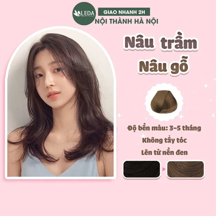 Thuốc nhuộm tóc màu nhuộm nâu trầm, nâu gỗ tặng kèm oxy trợ nhuộm, găng tay, LEDA