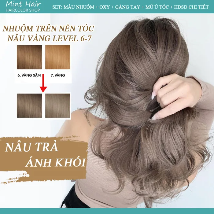 Kem Nhuộm Tóc Thảo Dược Nâu Trà Ánh Khói - Nhuộm Trên Nền Tóc Nâu Vàng  level 6-7 - Tặng Oxy - Silethuocnhuomtoc.com