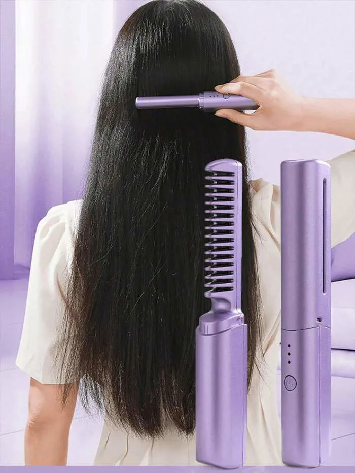 Máy duỗi tóc mini sạc điện - Lược điện cầm tay không dây, thích hợp cho tóc  xoăn, làm mượt tóc, có các màu hồng, tím và xanh lá cây - Thích