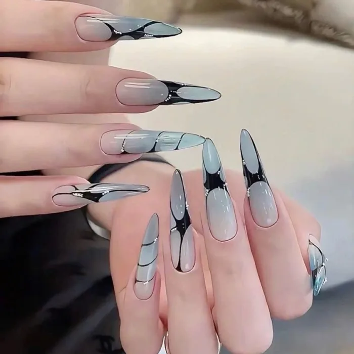 Móng úp tay, Nail box thiết kế, Móng tay giả màu thạch xanh nhạt phối hoạ  tiết ren A70