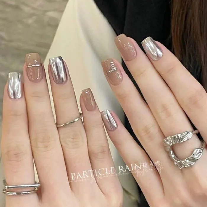 Móng Úp Thiết Kế Thạch Nude Tráng Gương Bạc Hàn Quốc By Cici.nails