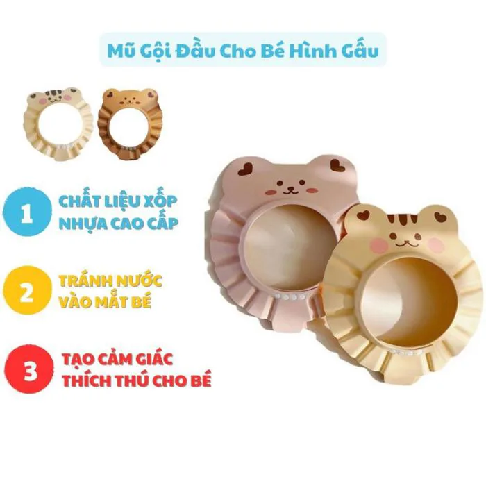 Mũ Nón tắm gội đầu hình gấu style Hàn quốc chắn nước cho bé khi đi tắm