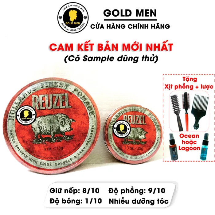 Sáp vuốt tóc Reuzel Red Pomade, Pomade vuốt tóc + quà tặng