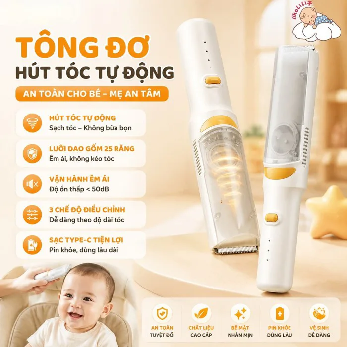 iiko Tông Đơ Cắt Tóc Cho Bé An Toàn Hút Tóc Vụn Tự Động, Lưỡi Dao Gốm Titan  Êm Ái Sạc Type-C