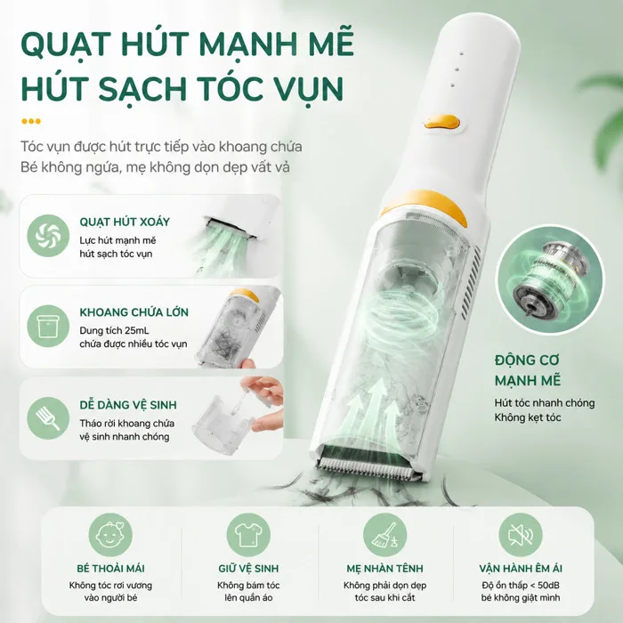 iiko Tông Đơ Cắt Tóc Cho Bé An Toàn Hút Tóc Vụn Tự Động, Lưỡi Dao Gốm Titan  Êm Ái Sạc Type-C