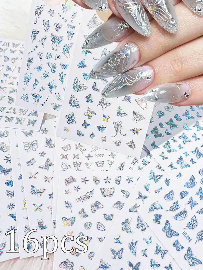 16 miếng sticker dán móng tay hình bướm Aurora holographic laser ánh bạc óng ánh, cánh bướm rỗng 3D tự dính, trang trí móng mùa hè - Product Video