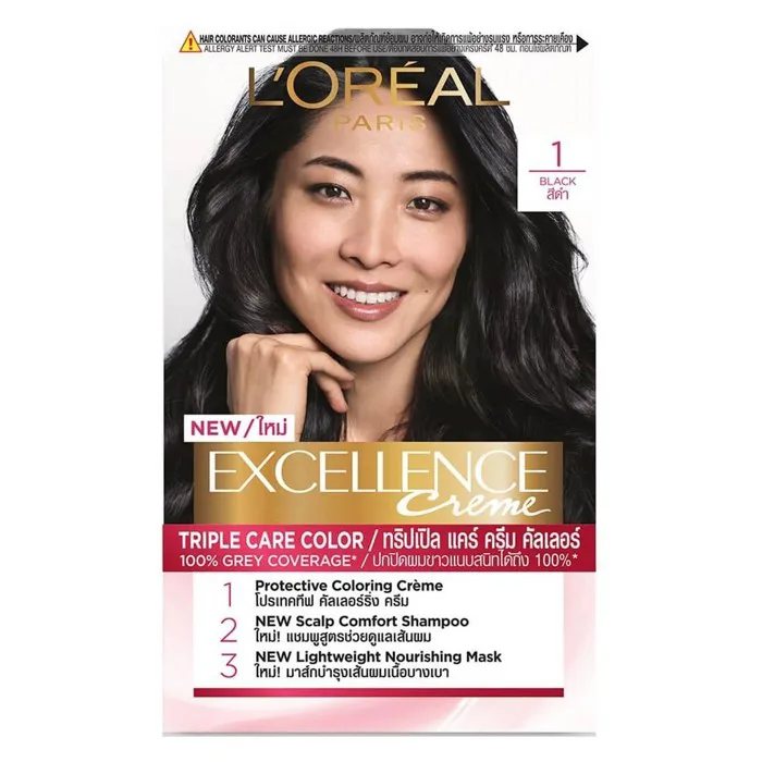 Màu Nhuộm L'Oreal Dưỡng Tóc Phủ Bạc 1 Đen Tự Nhiên Excellence Crème #1  Natural Black 172ml