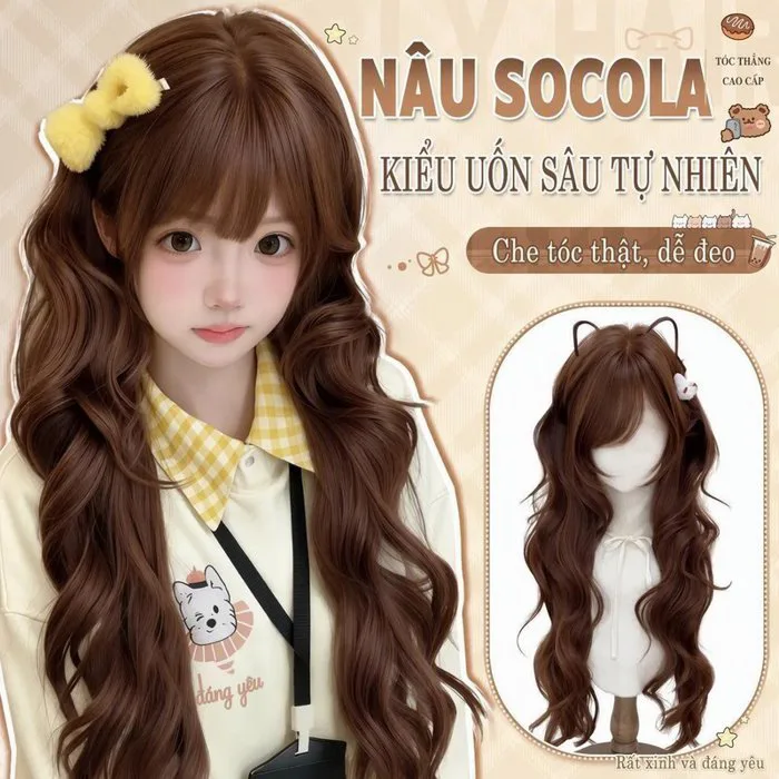 Tóc Giả Nữ Nguyên Đầu Tự Nhiên Dài Xoăn Sóng Lớn Nâu Chocolate Tơ Protein  Dễ Đội Chụp Ảnh | Shopee Việt Nam