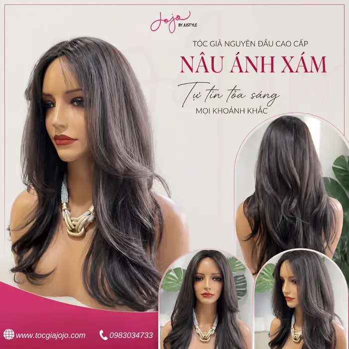 Tóc Giả Nguyên Đầu Cao Cấp Màu Nâu Ánh Xám – Tự Tin Tỏa Sáng Mọi Khoảnh