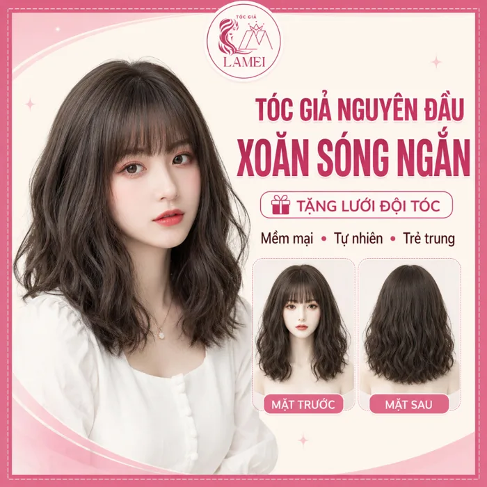 Tóc giả nữ nguyên đầu cao cấp xoăn sóng ngắn xu hướng mới 40cm