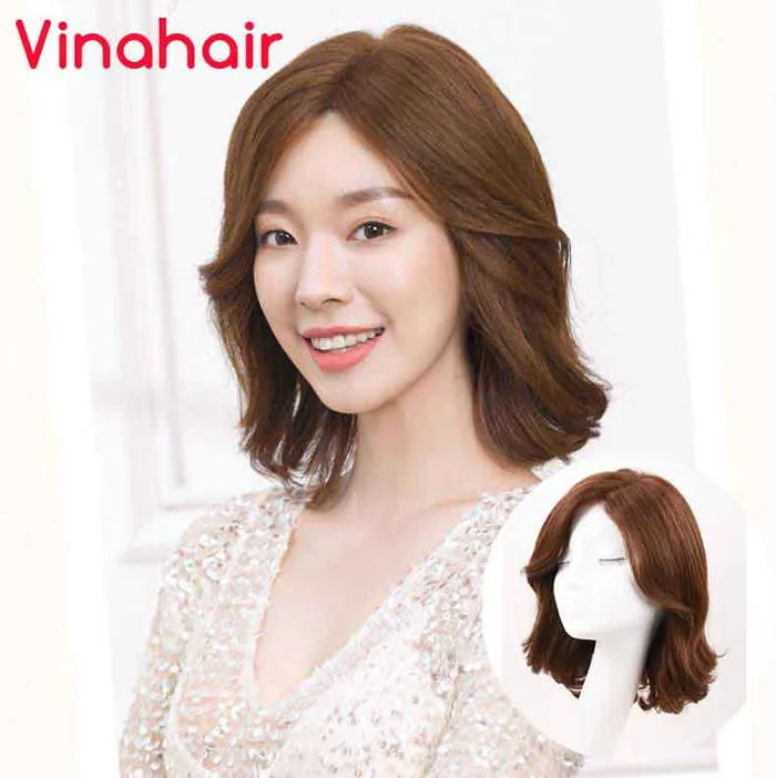 Tóc giả nguyên đầu ngang vai nâu không mái tóc thật - Tóc giả VINAHAIR