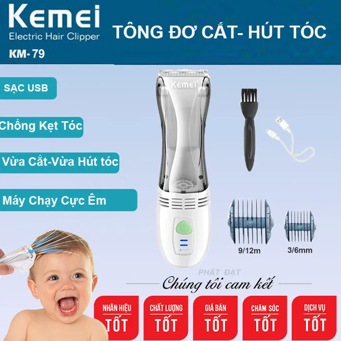 Tông đơ cắt tóc và hút tóc cho trẻ em, Máy cắt tóc cho trẻ sơ sinh cao cấp  Kemei KM 79 có lưỡi cắt an toàn, dễ cầm, sạc USB, ba